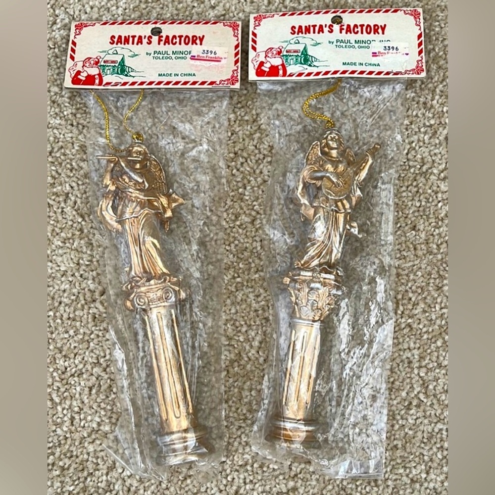 NIP 2 Vintage Paul Minor Gilded Angel Christmas Tree Ornaments Mandolin Flute